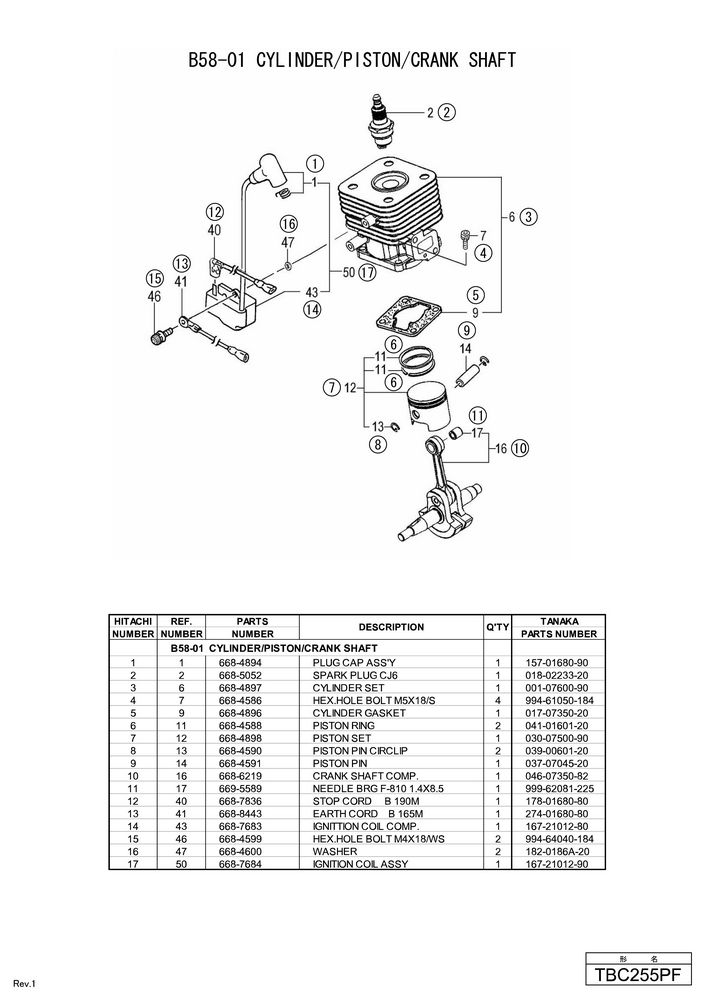 Hitachi ENGINE BRUSH CUTTER TBC255PF (FOR USA)  Diagram 1