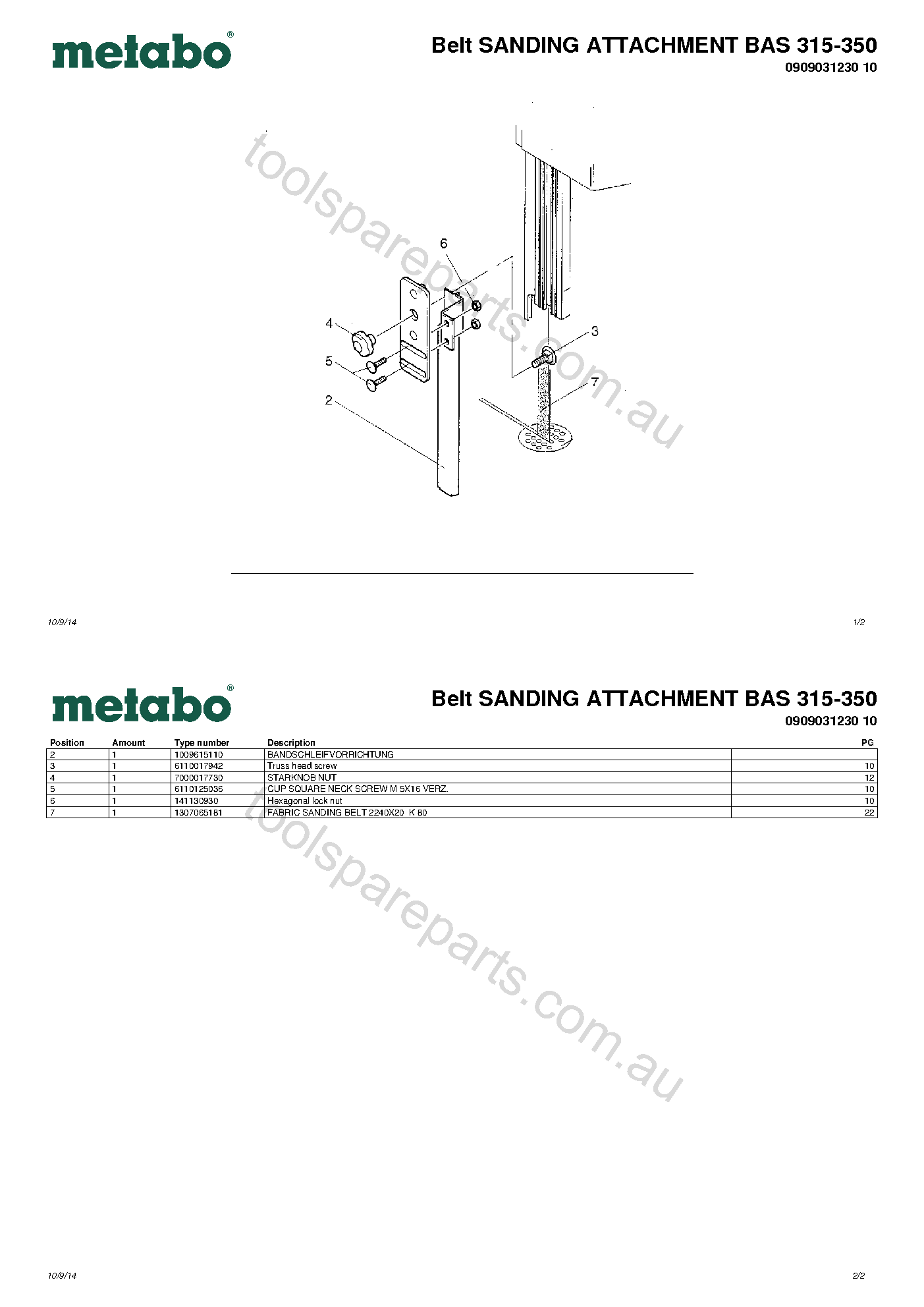 Metabo Belt SANDING ATTACHMENT BAS 315-350 0909031230 10  Diagram 1