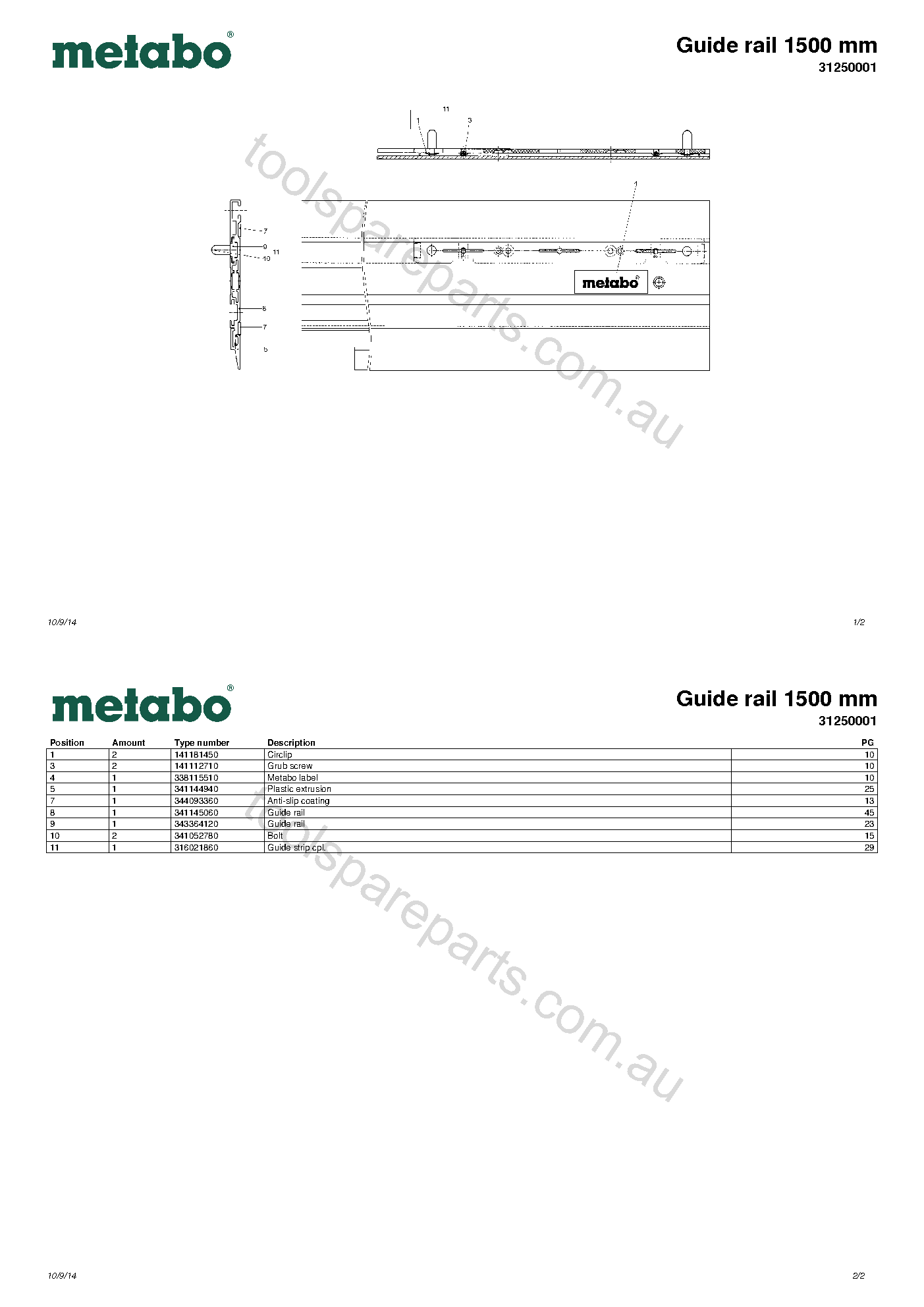 Metabo Guide rail 1500 mm 31250001  Diagram 1