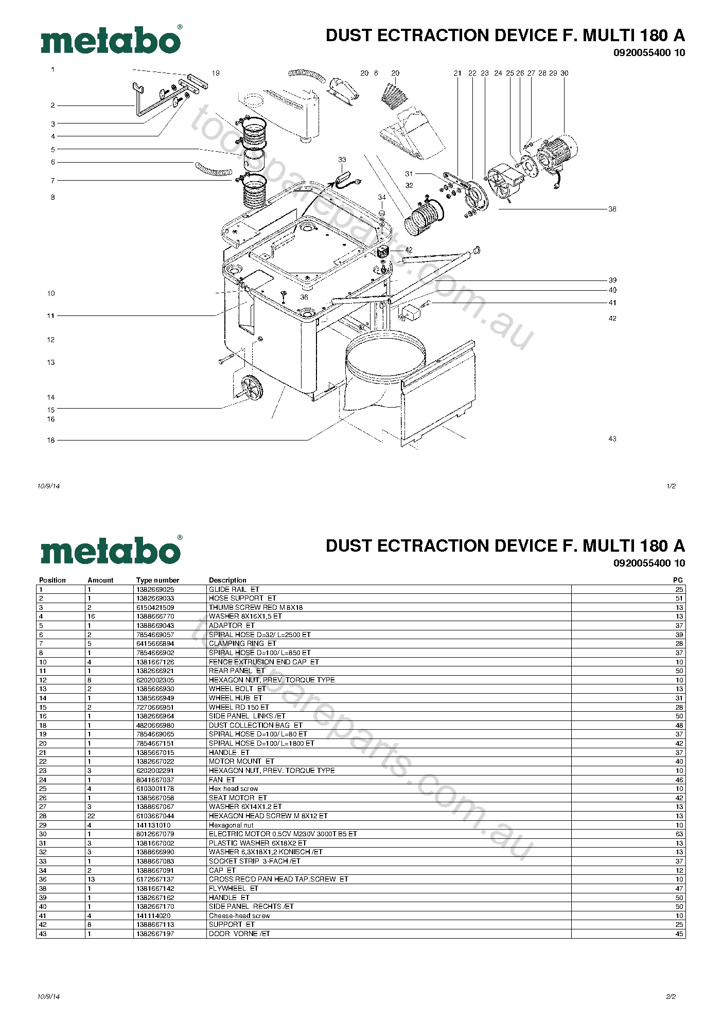 Metabo DUST ECTRACTION DEVICE F. MULTI 180 A 0920055400 10  Diagram 1
