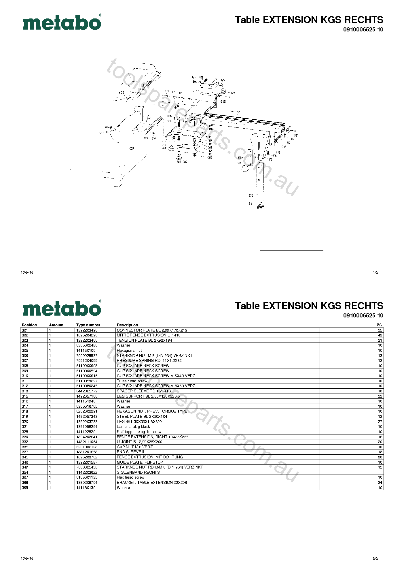 Metabo Table EXTENSION KGS RECHTS 0910006525 10  Diagram 1