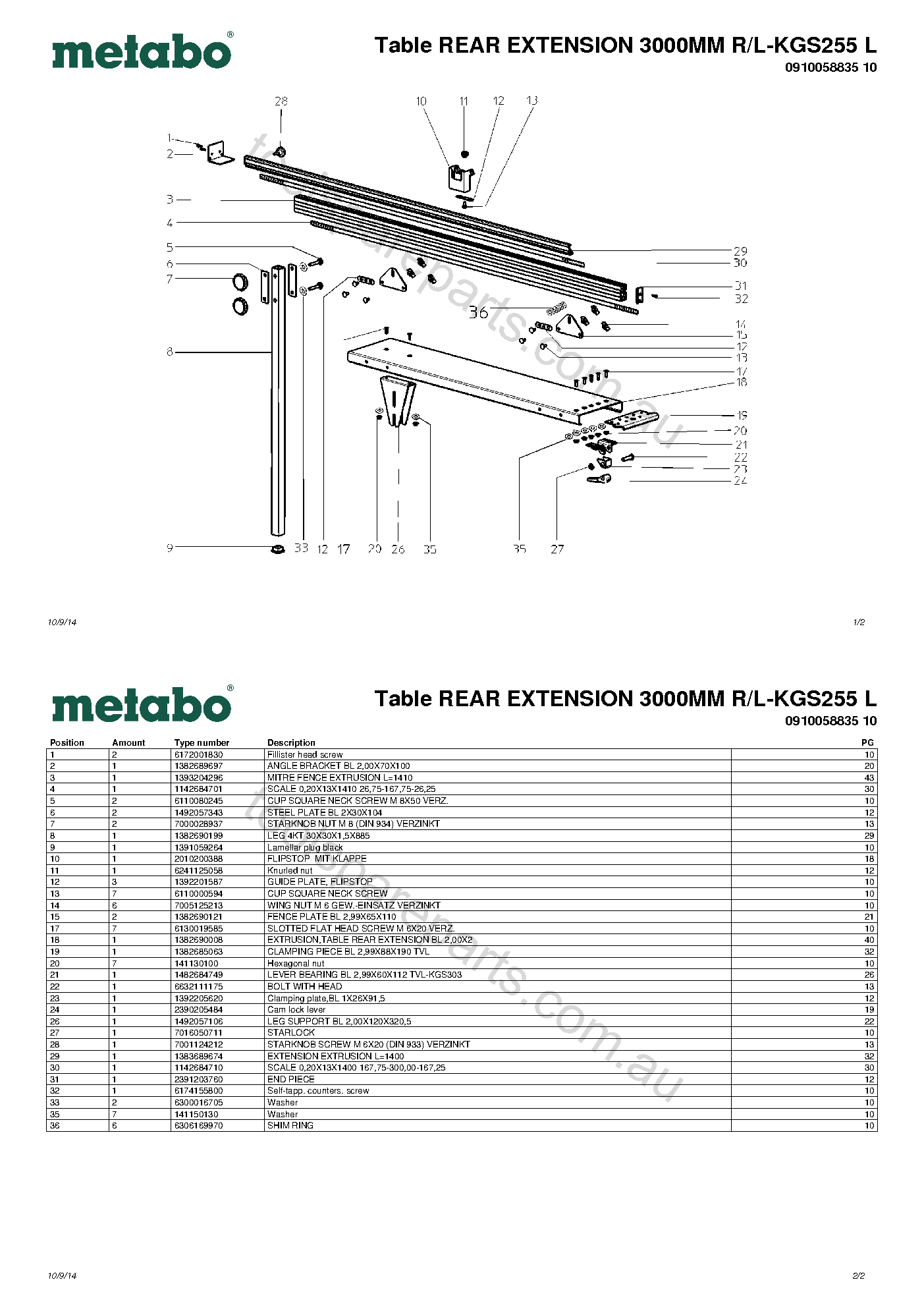 Metabo Table REAR EXTENSION 3000MM R/L-KGS255 L 0910058835 10  Diagram 1