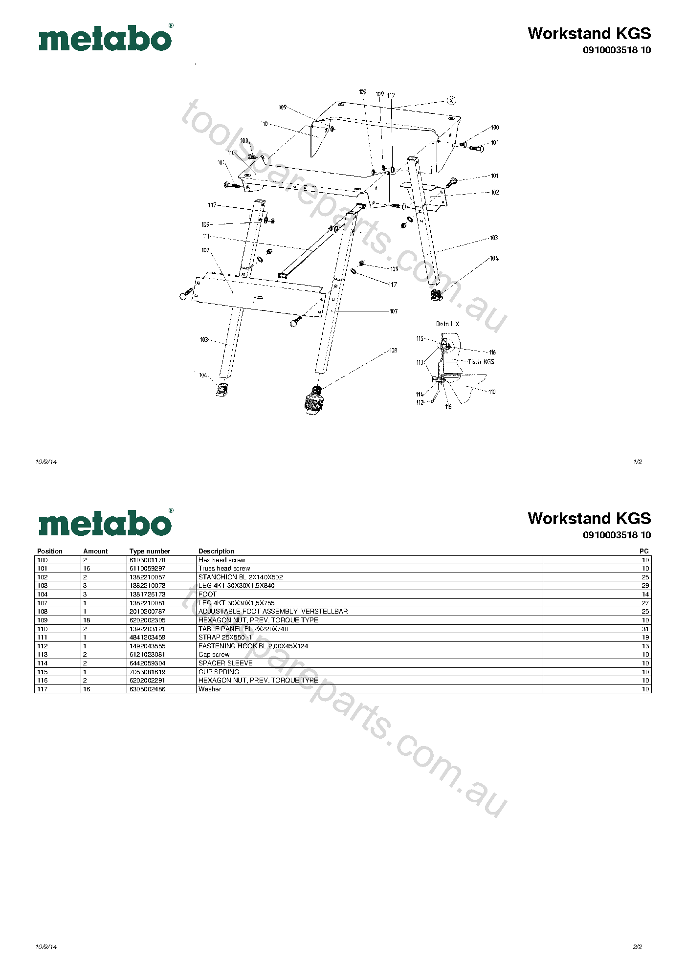 Metabo Workstand KGS 0910003518 10  Diagram 1