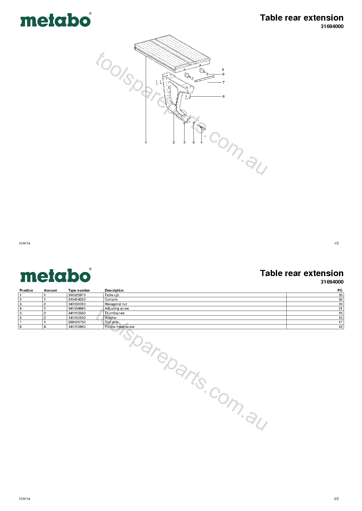 Metabo Table rear extension 31694000  Diagram 1