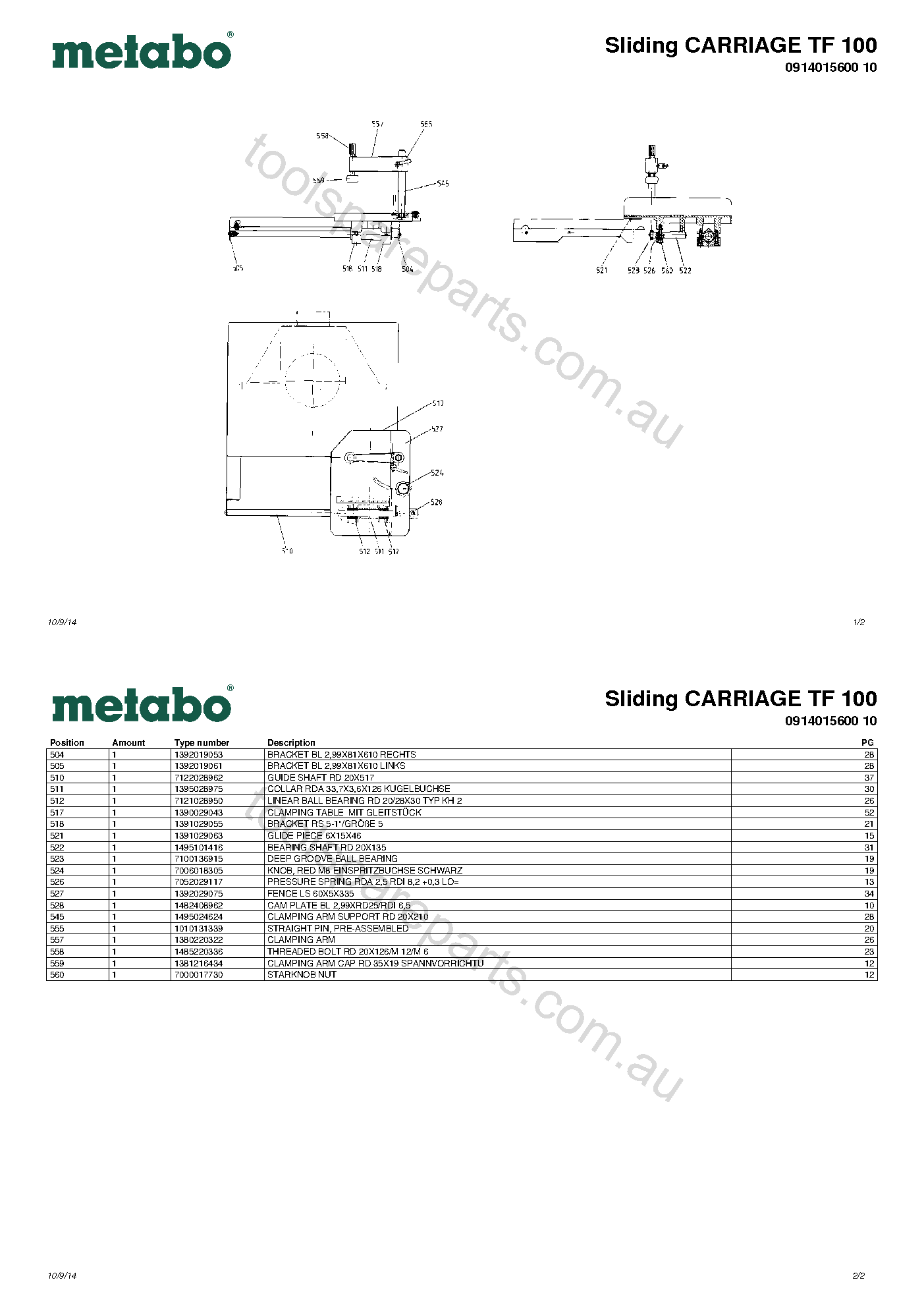 Metabo Sliding CARRIAGE TF 100 0914015600 10  Diagram 1