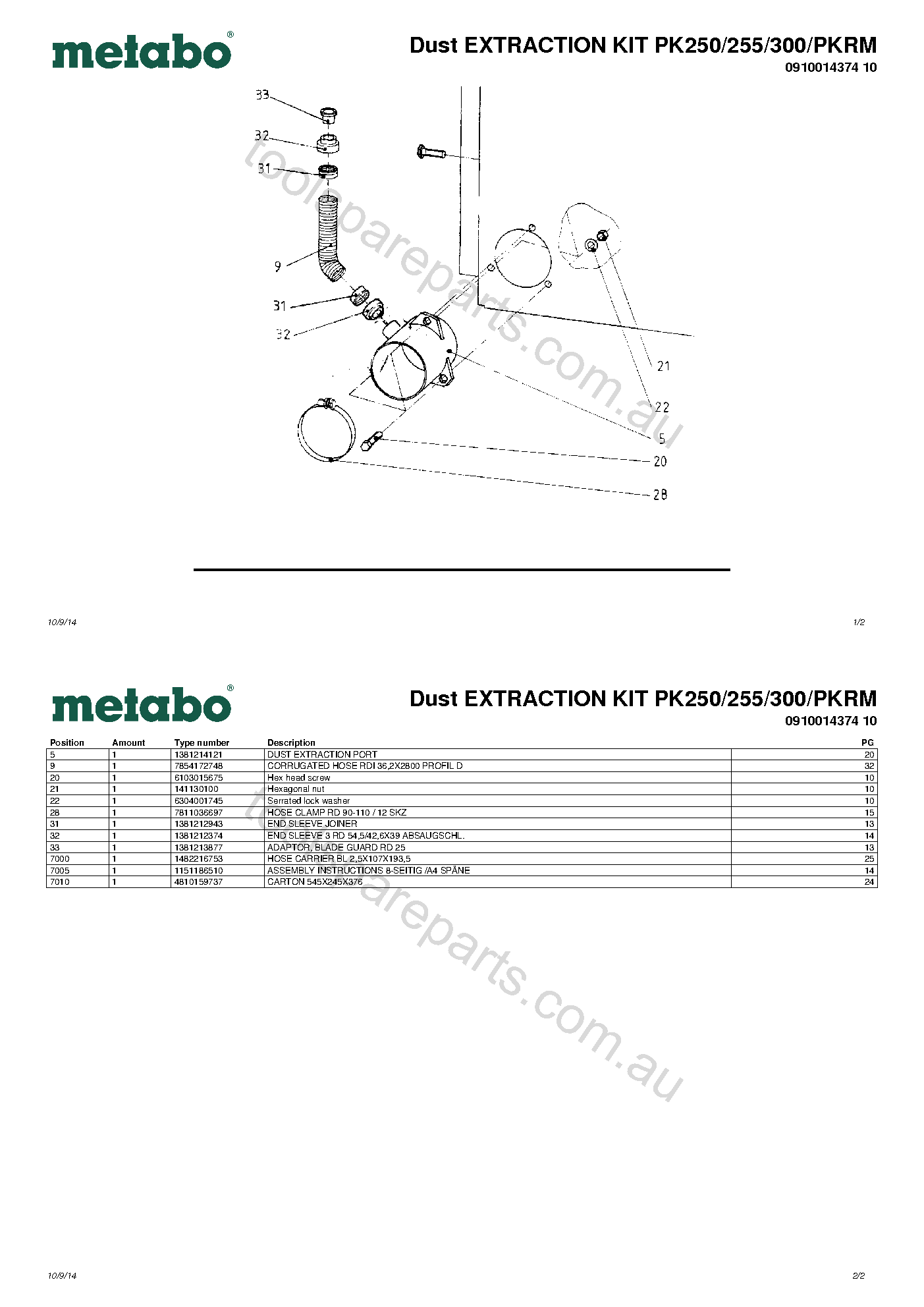 Metabo Dust EXTRACTION KIT PK250/255/300/PKRM 0910014374 10  Diagram 1