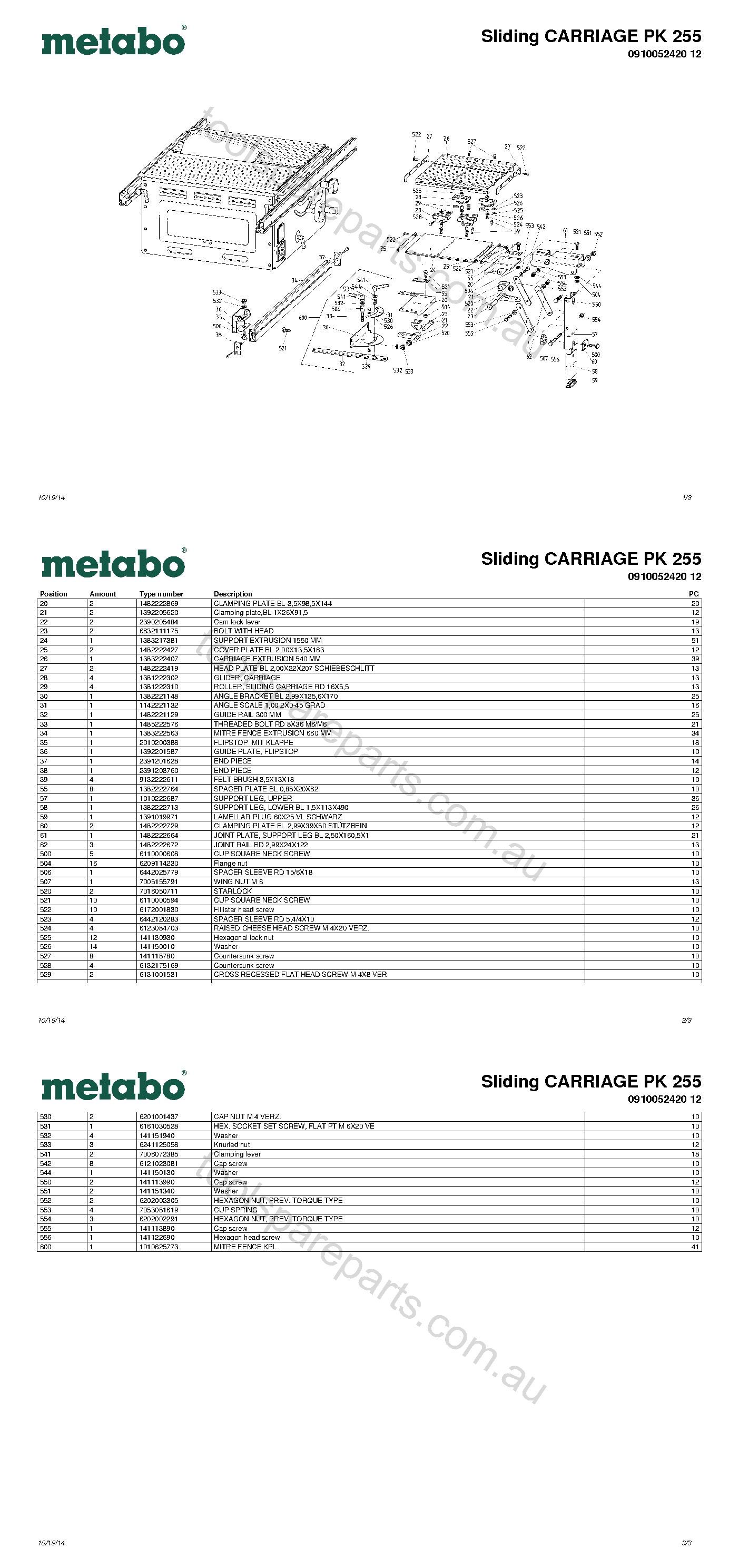 Metabo Sliding CARRIAGE PK 255 0910052420 12  Diagram 1