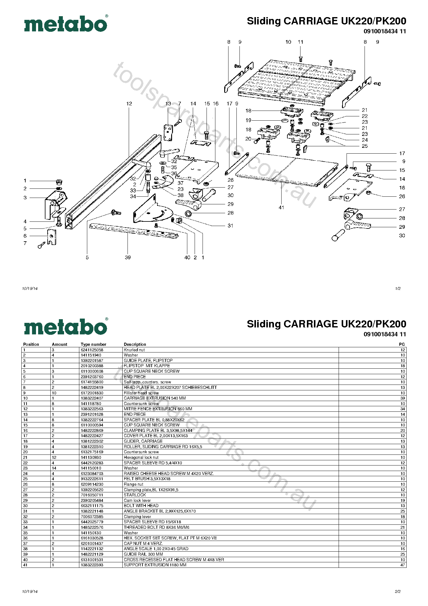 Metabo Sliding CARRIAGE UK220/PK200 0910018434 11  Diagram 1