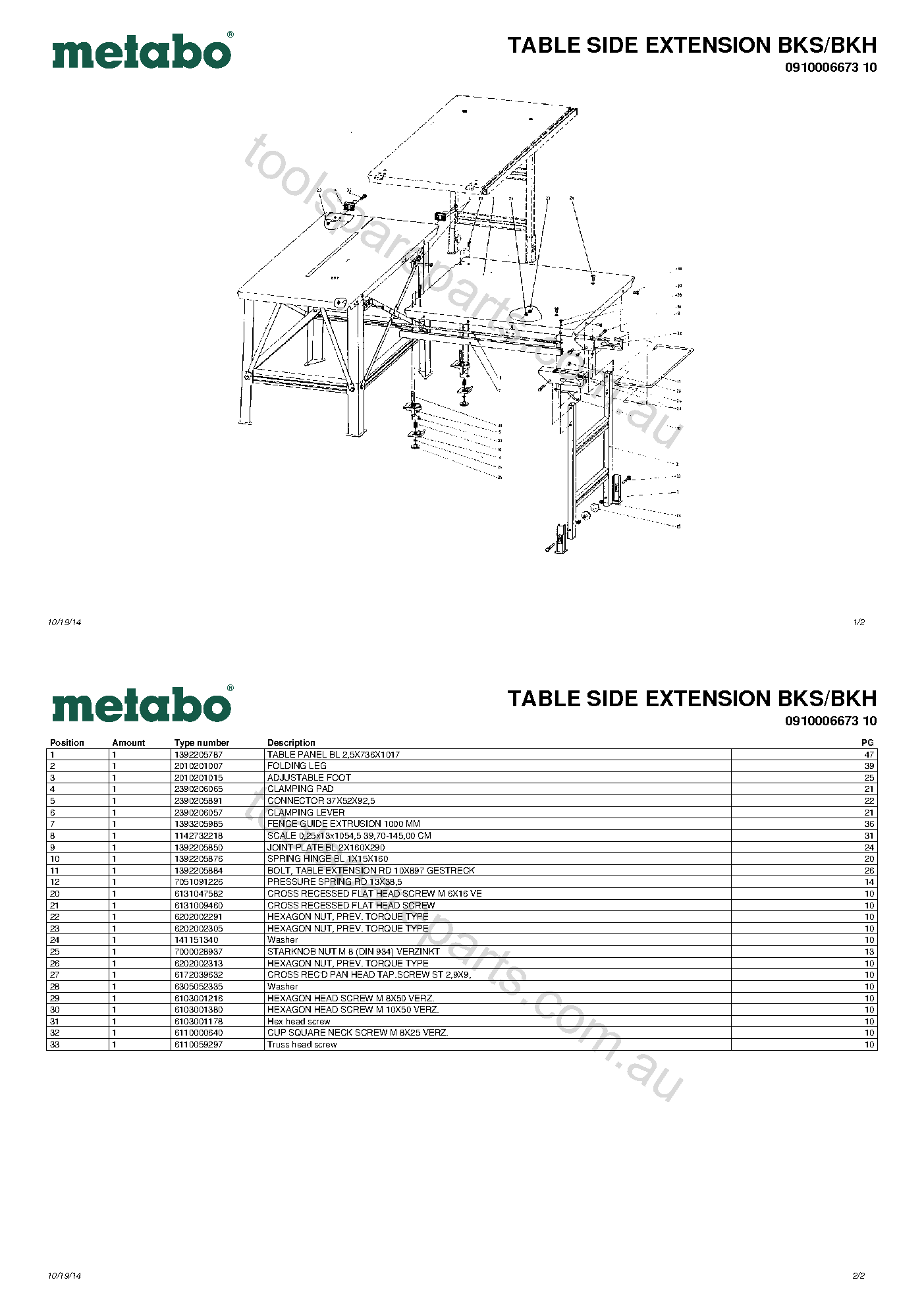 Metabo TABLE SIDE EXTENSION BKS/BKH 0910006673 10  Diagram 1