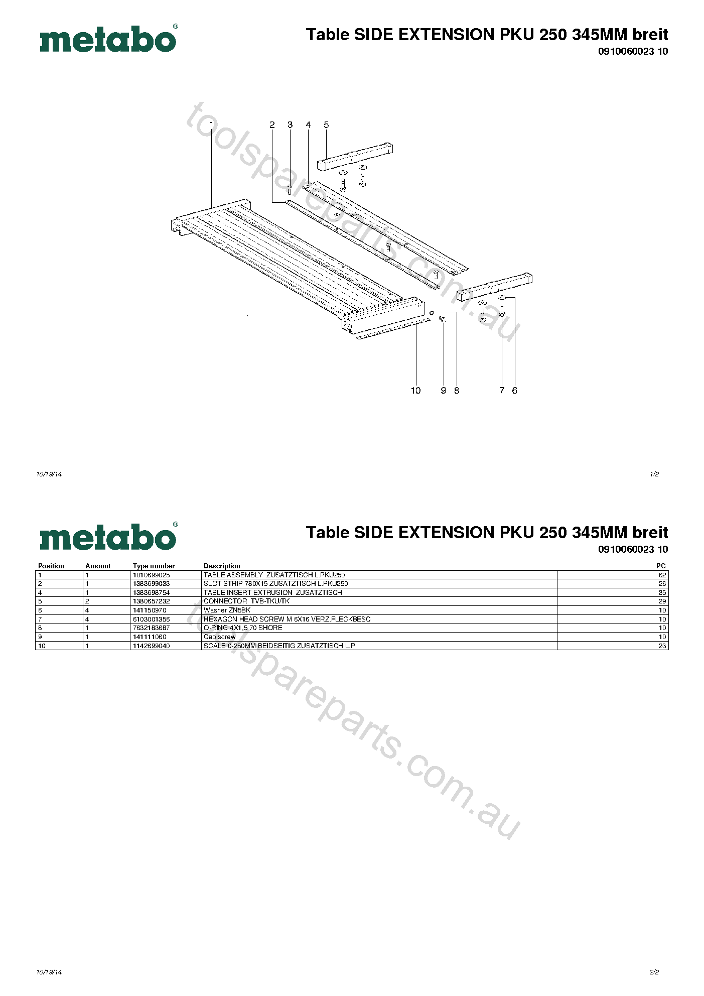 Metabo Table SIDE EXTENSION PKU 250 345MM breit 0910060023 10  Diagram 1