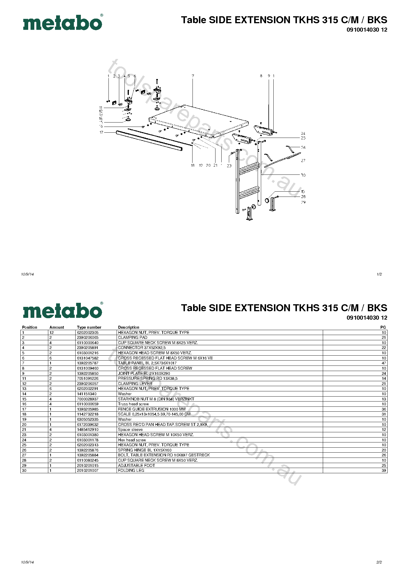 Metabo Table SIDE EXTENSION TKHS 315 C/M / BKS 0910014030 12  Diagram 1