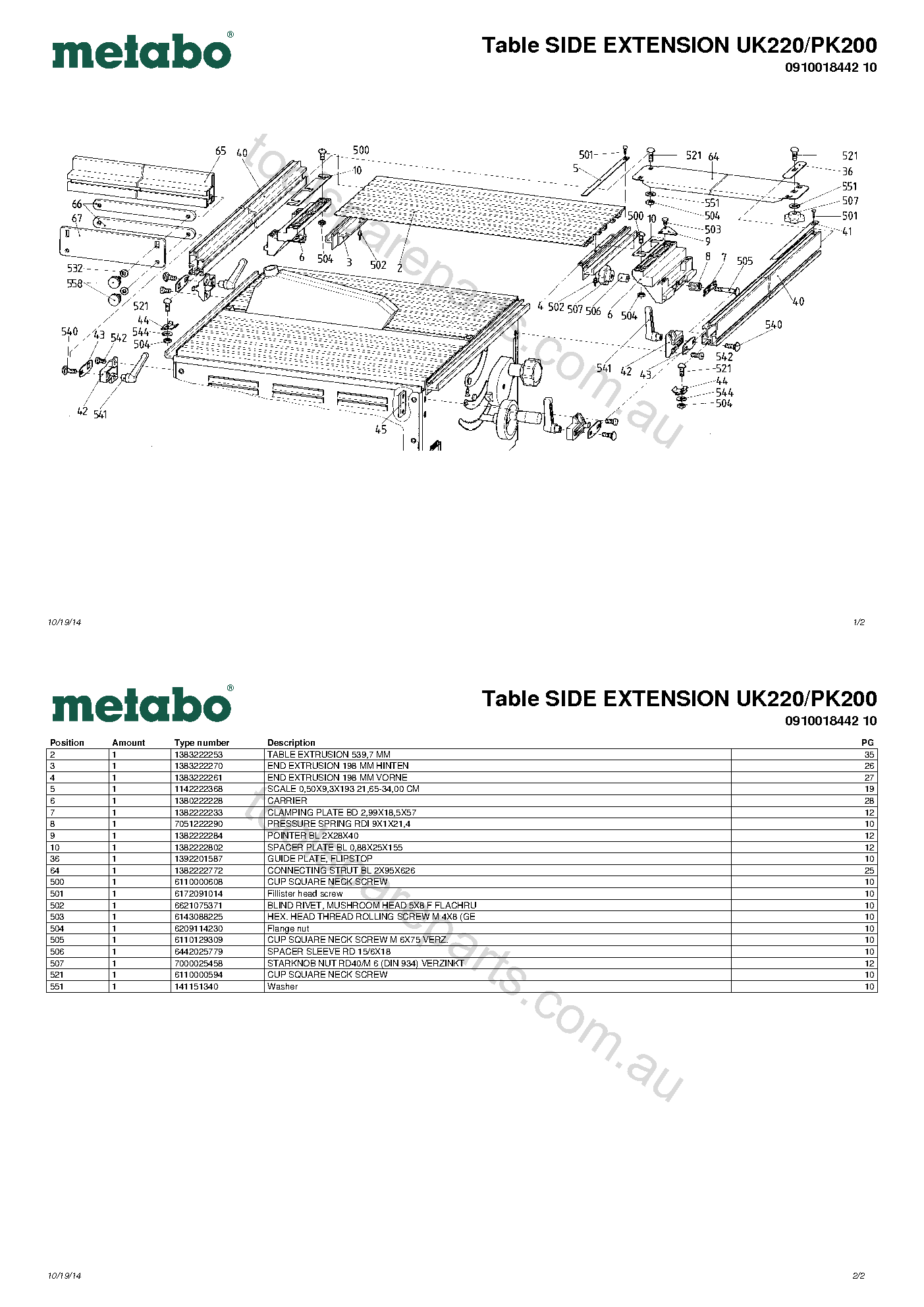 Metabo Table SIDE EXTENSION UK220/PK200 0910018442 10  Diagram 1