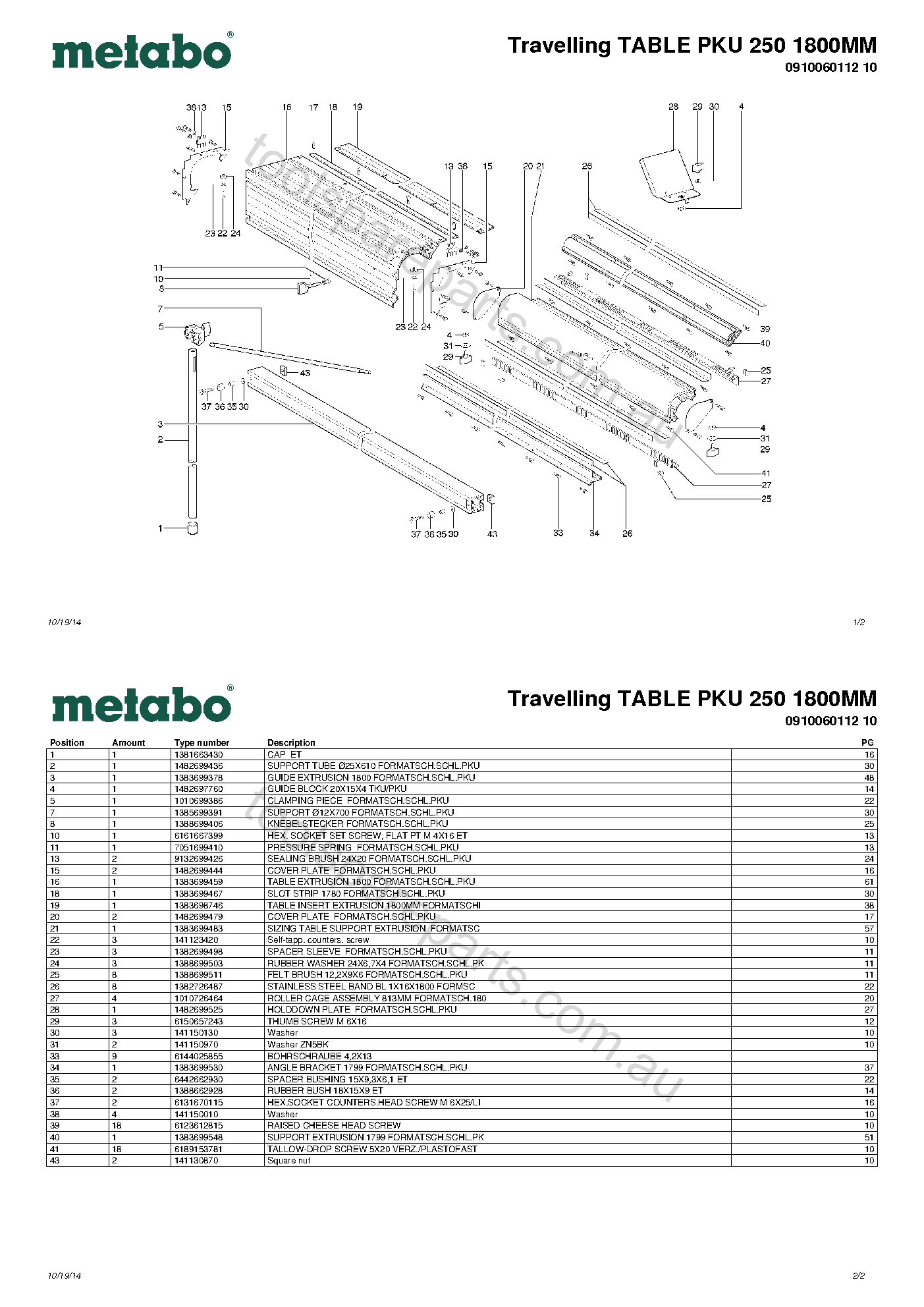Metabo Travelling TABLE PKU 250 1800MM 0910060112 10  Diagram 1
