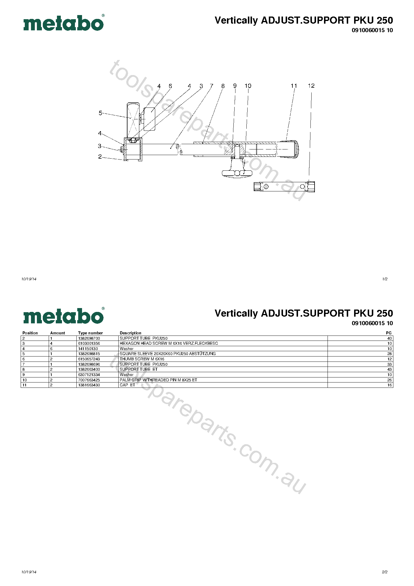 Metabo Vertically ADJUST.SUPPORT PKU 250 0910060015 10  Diagram 1