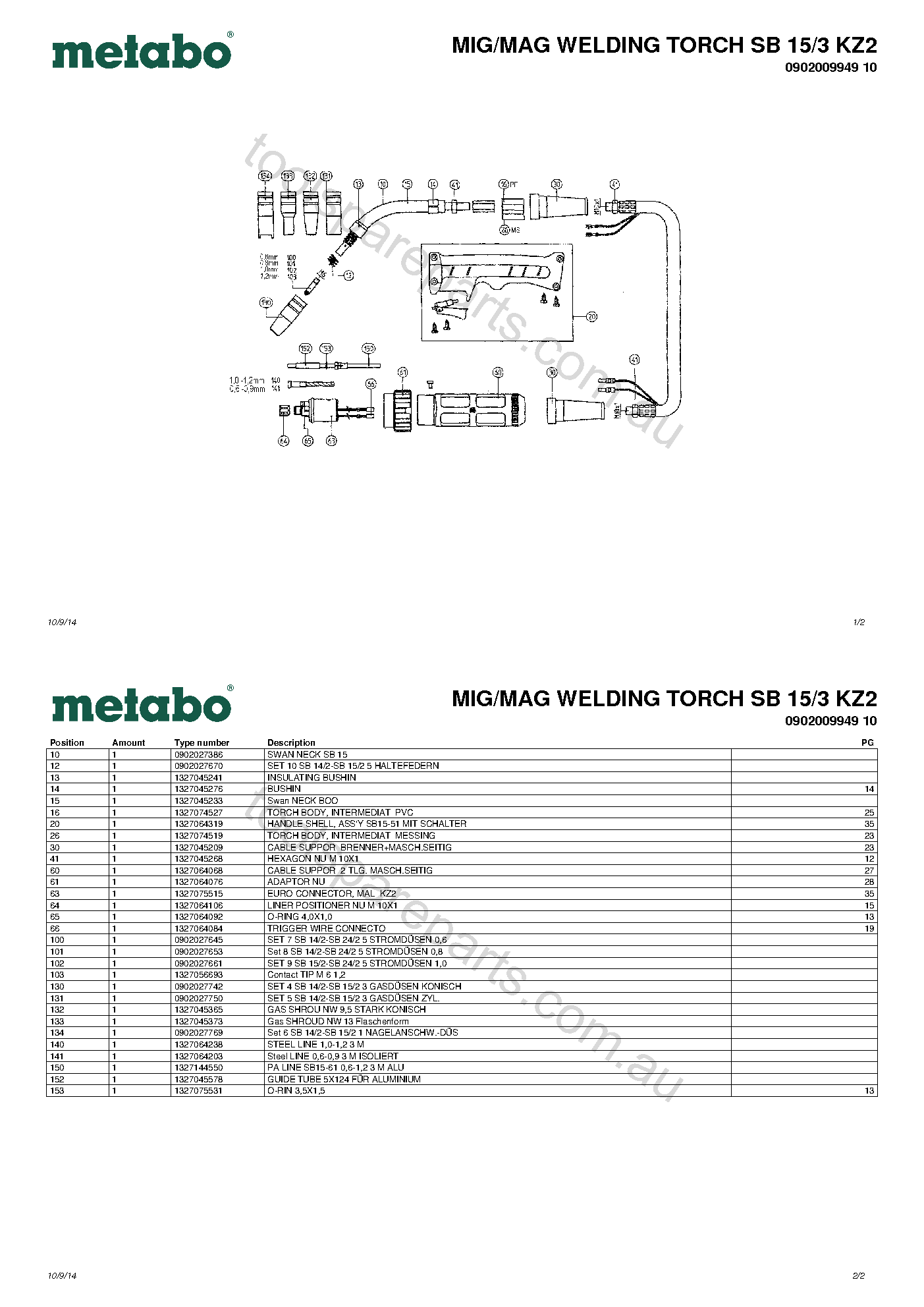 Metabo MIG/MAG WELDING TORCH SB 15/3 KZ2 0902009949 10  Diagram 1