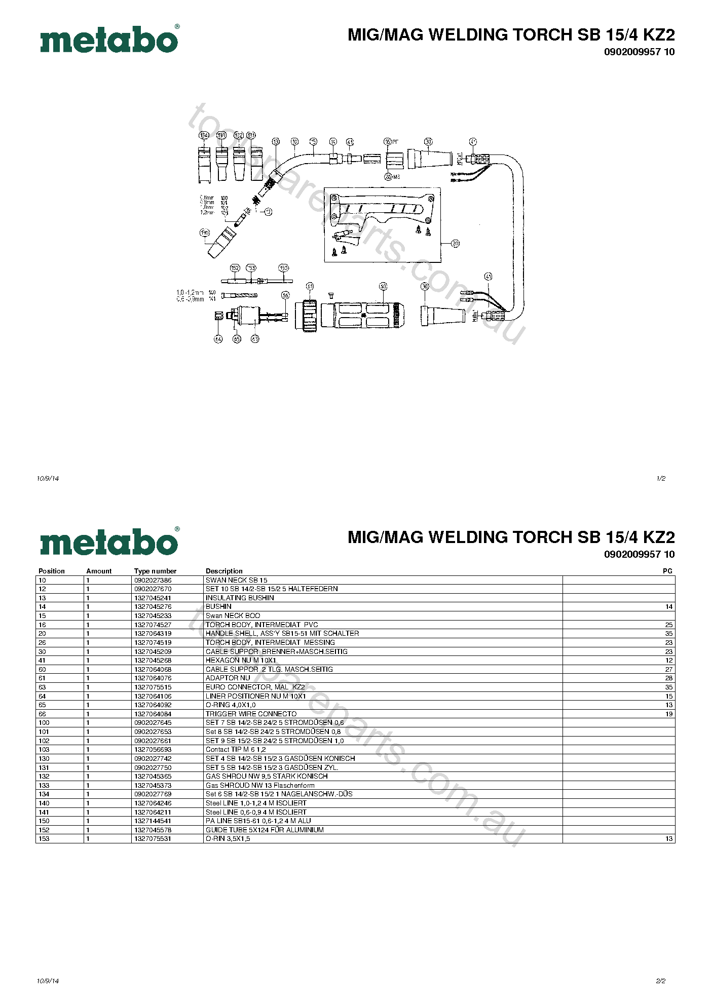 Metabo MIG/MAG WELDING TORCH SB 15/4 KZ2 0902009957 10  Diagram 1