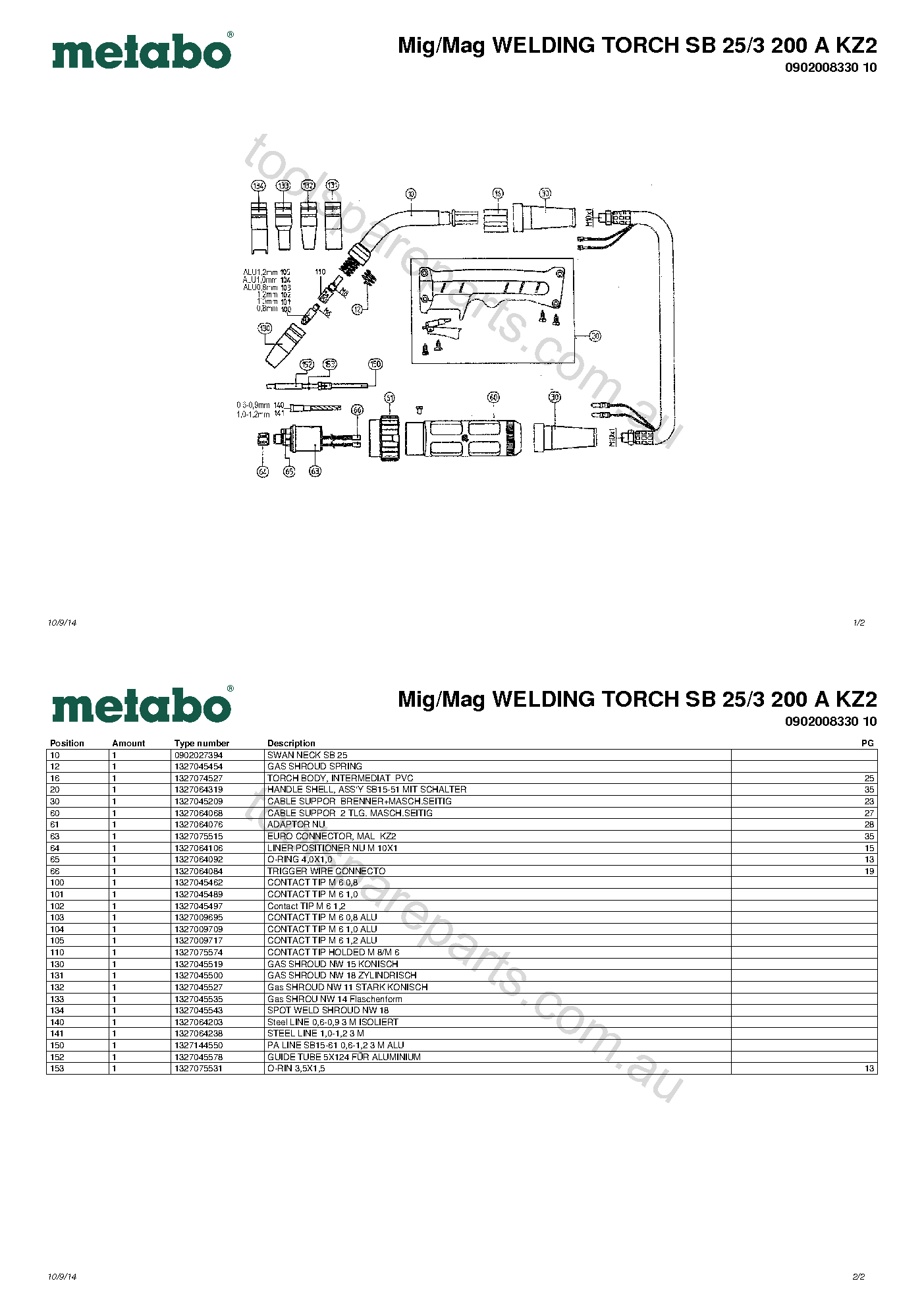 Metabo Mig/Mag WELDING TORCH SB 25/3 200 A KZ2 0902008330 10  Diagram 1