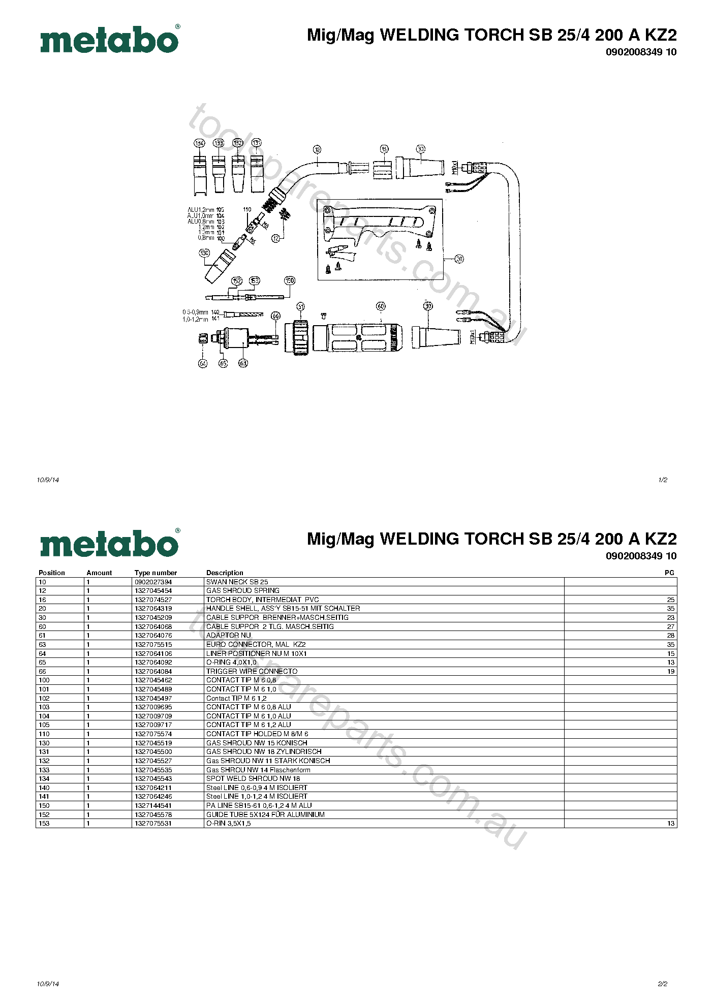 Metabo Mig/Mag WELDING TORCH SB 25/4 200 A KZ2 0902008349 10  Diagram 1