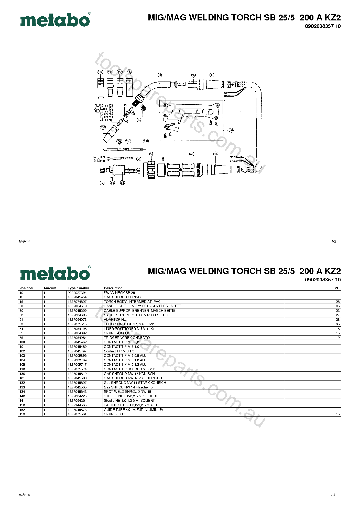 Metabo MIG/MAG WELDING TORCH SB 25/5 200 A KZ2 0902008357 10  Diagram 1