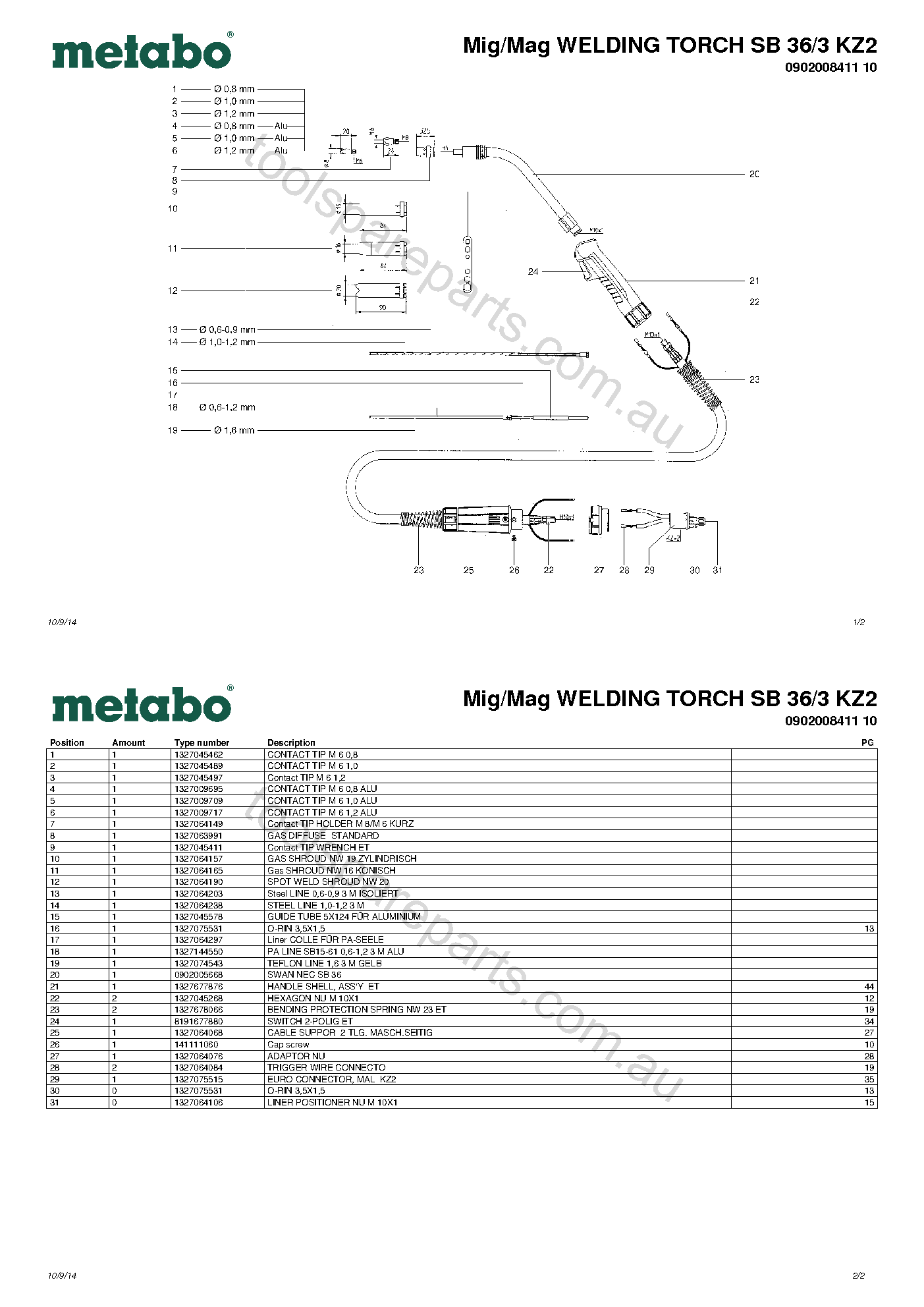 Metabo Mig/Mag WELDING TORCH SB 36/3 KZ2 0902008411 10  Diagram 1