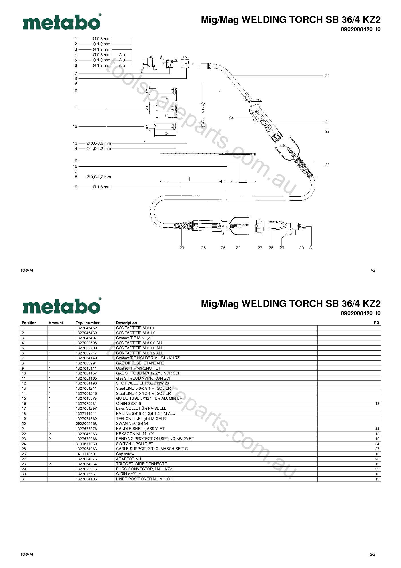 Metabo Mig/Mag WELDING TORCH SB 36/4 KZ2 0902008420 10  Diagram 1