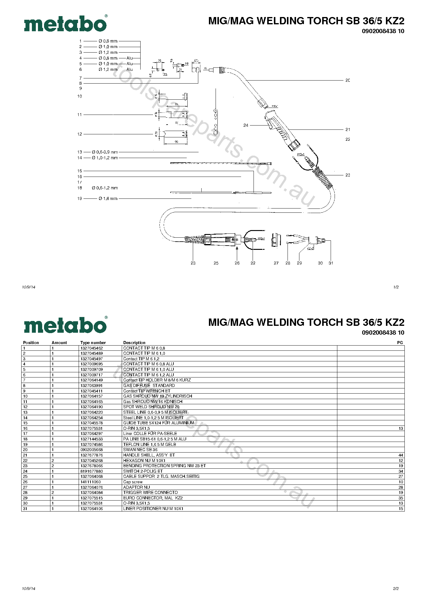 Metabo MIG/MAG WELDING TORCH SB 36/5 KZ2 0902008438 10  Diagram 1