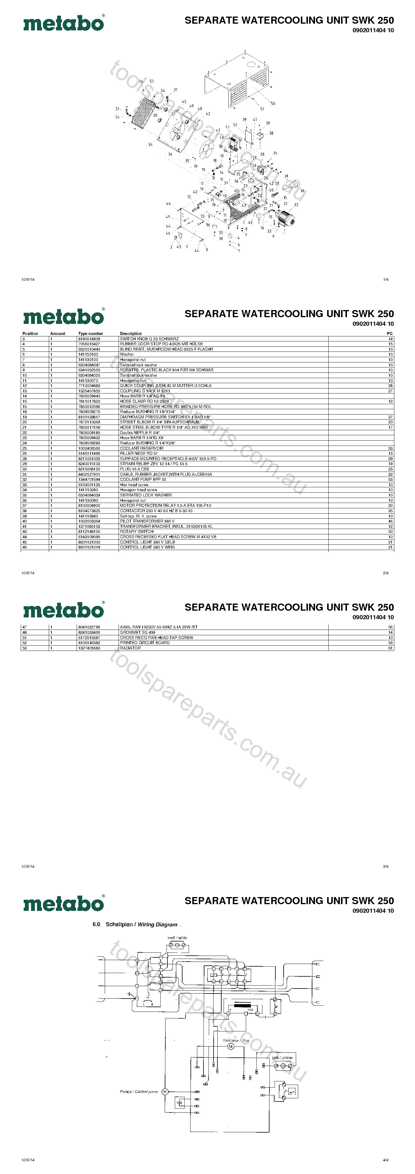 Metabo SEPARATE WATERCOOLING UNIT SWK 250 0902011404 10  Diagram 1