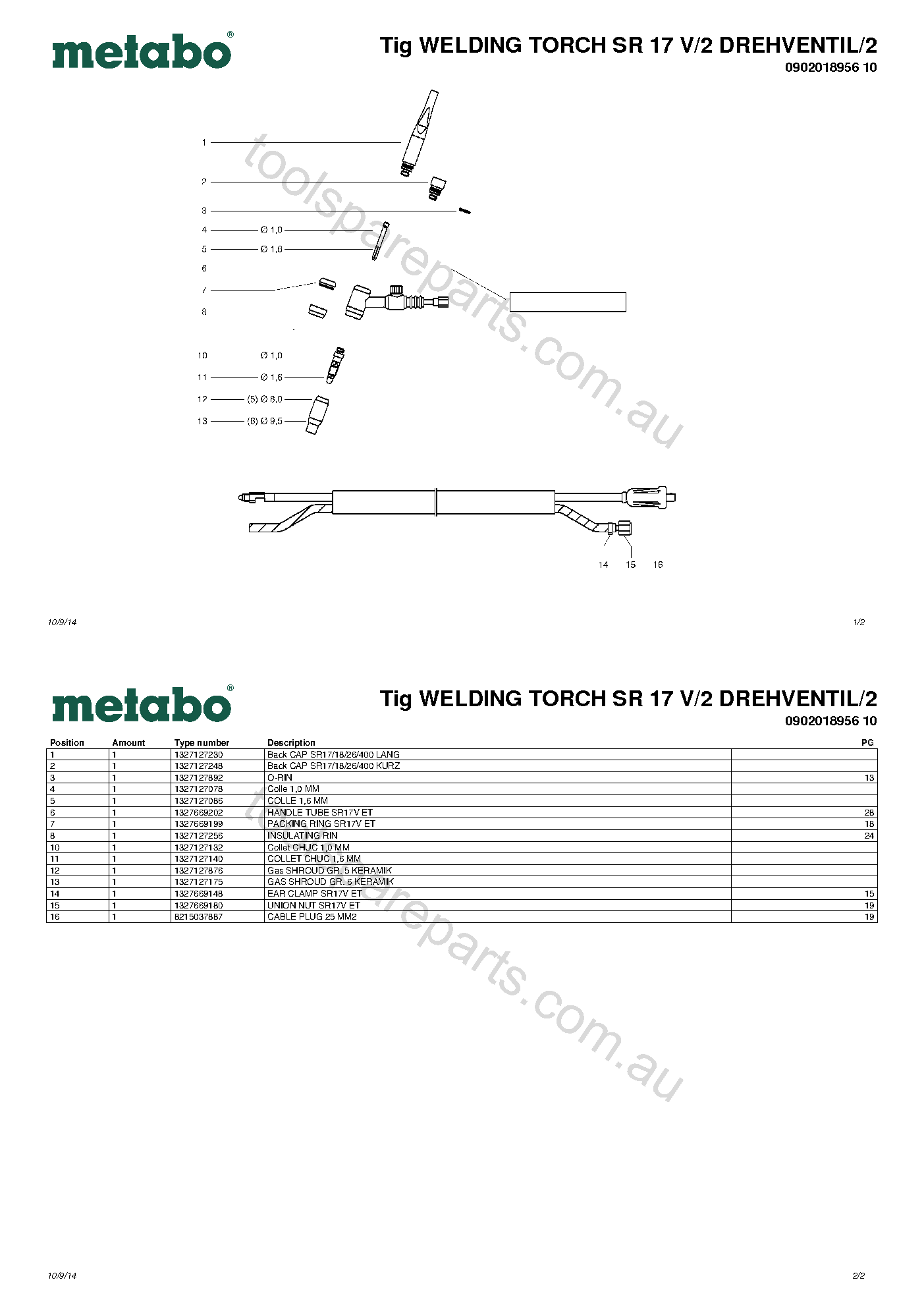 Metabo Tig WELDING TORCH SR 17 V/2 DREHVENTIL/2 0902018956 10  Diagram 1