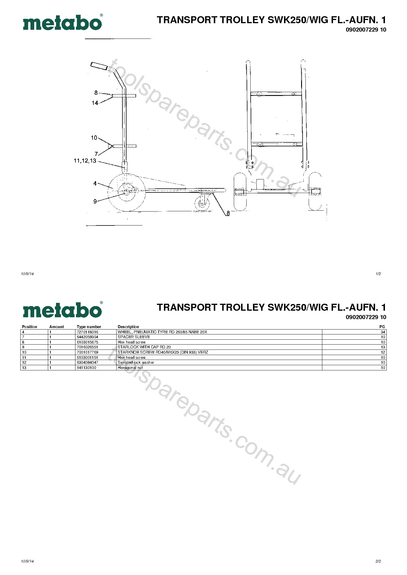 Metabo TRANSPORT TROLLEY SWK250/WIG FL.-AUFN. 1 0902007229 10  Diagram 1