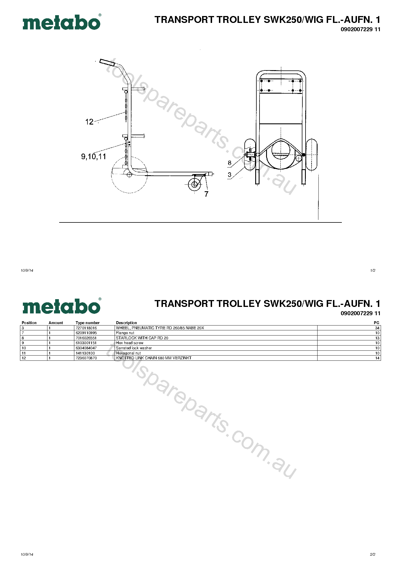 Metabo TRANSPORT TROLLEY SWK250/WIG FL.-AUFN. 1 0902007229 11  Diagram 1
