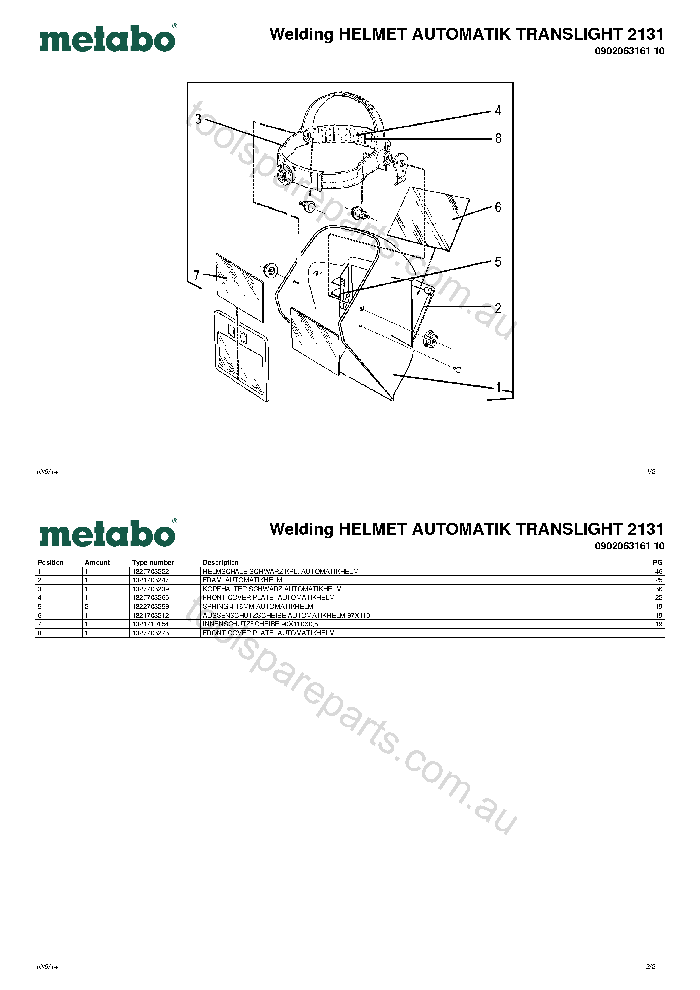 Metabo Welding HELMET AUTOMATIK TRANSLIGHT 2131 0902063161 10  Diagram 1
