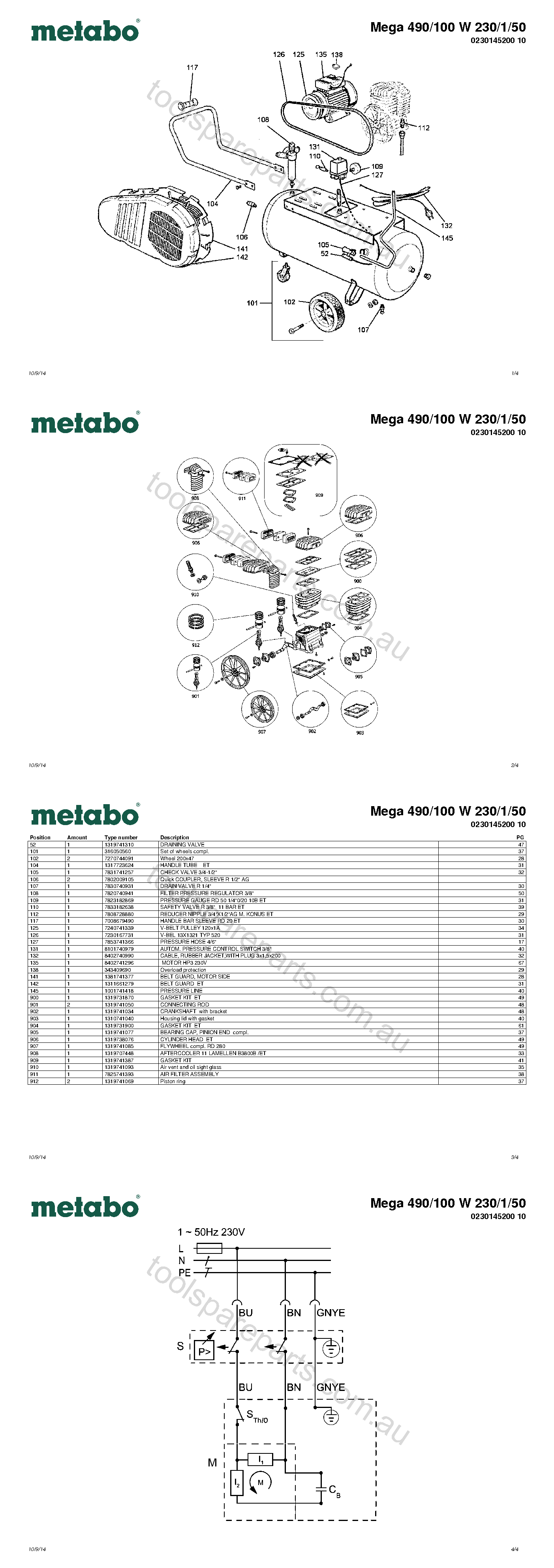 Metabo Mega 490/100 W 230/1/50 0230145200 10  Diagram 1