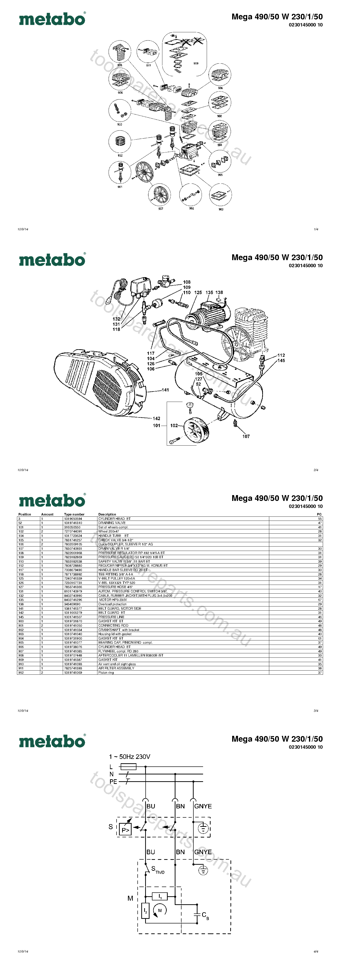 Metabo Mega 490/50 W 230/1/50 0230145000 10  Diagram 1