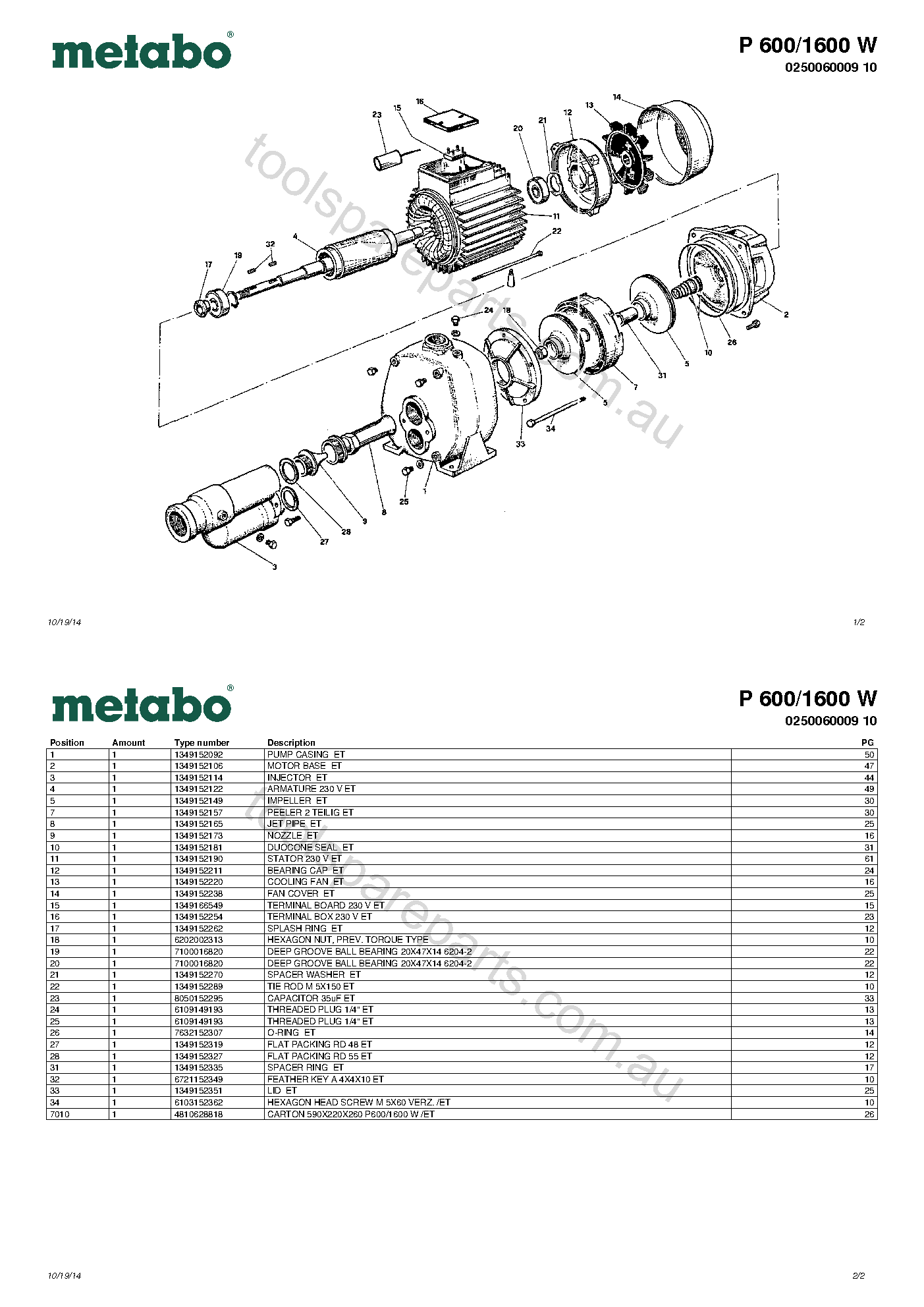 Metabo P 600/1600 W 0250060009 10  Diagram 1