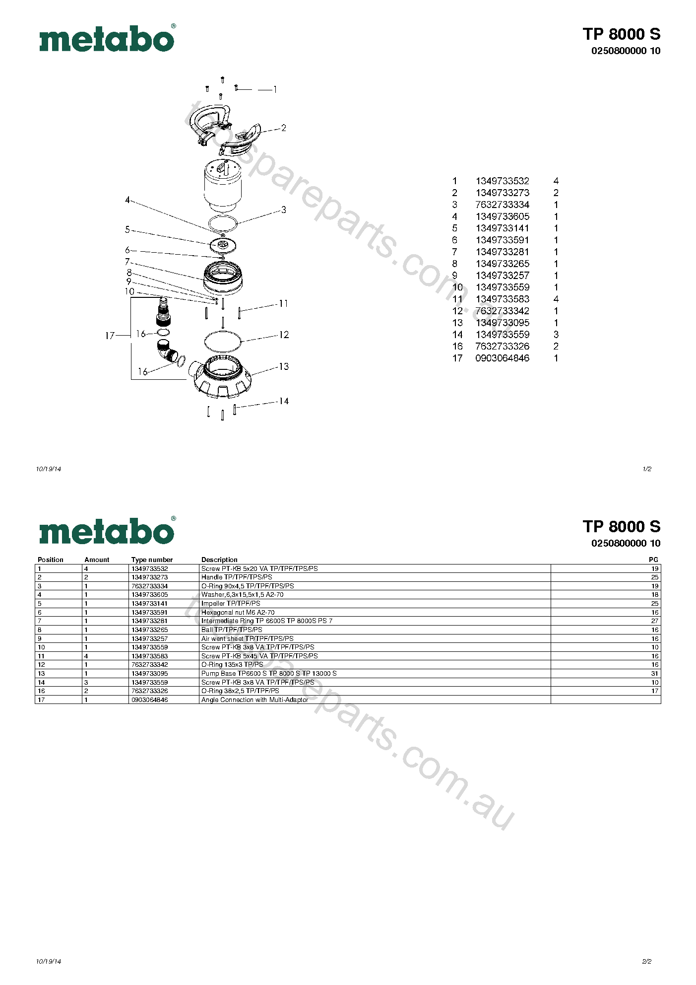 Metabo TP 8000 S 0250800000 10  Diagram 1