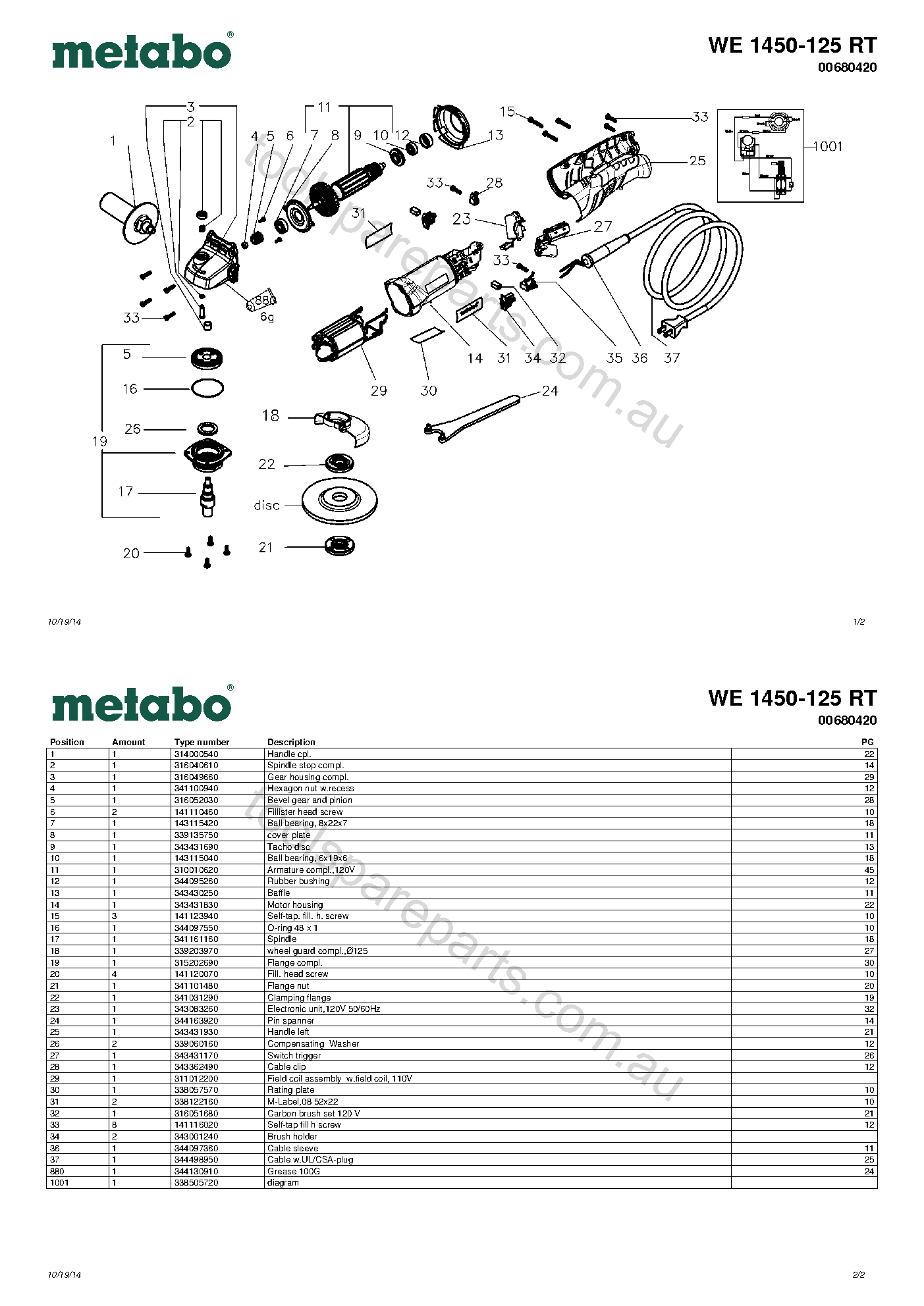 Metabo WE 1450-125 RT 00680420 Spare Parts