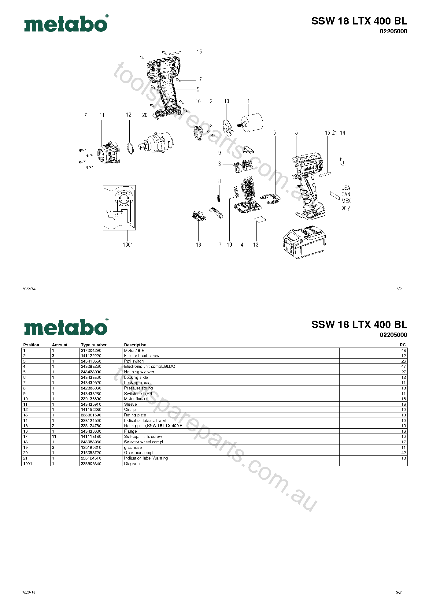 Metabo SSW 18 LTX 400 BL 02205000  Diagram 1